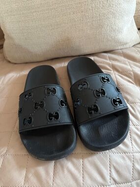Black Designer Logo Slide Sandals - women
